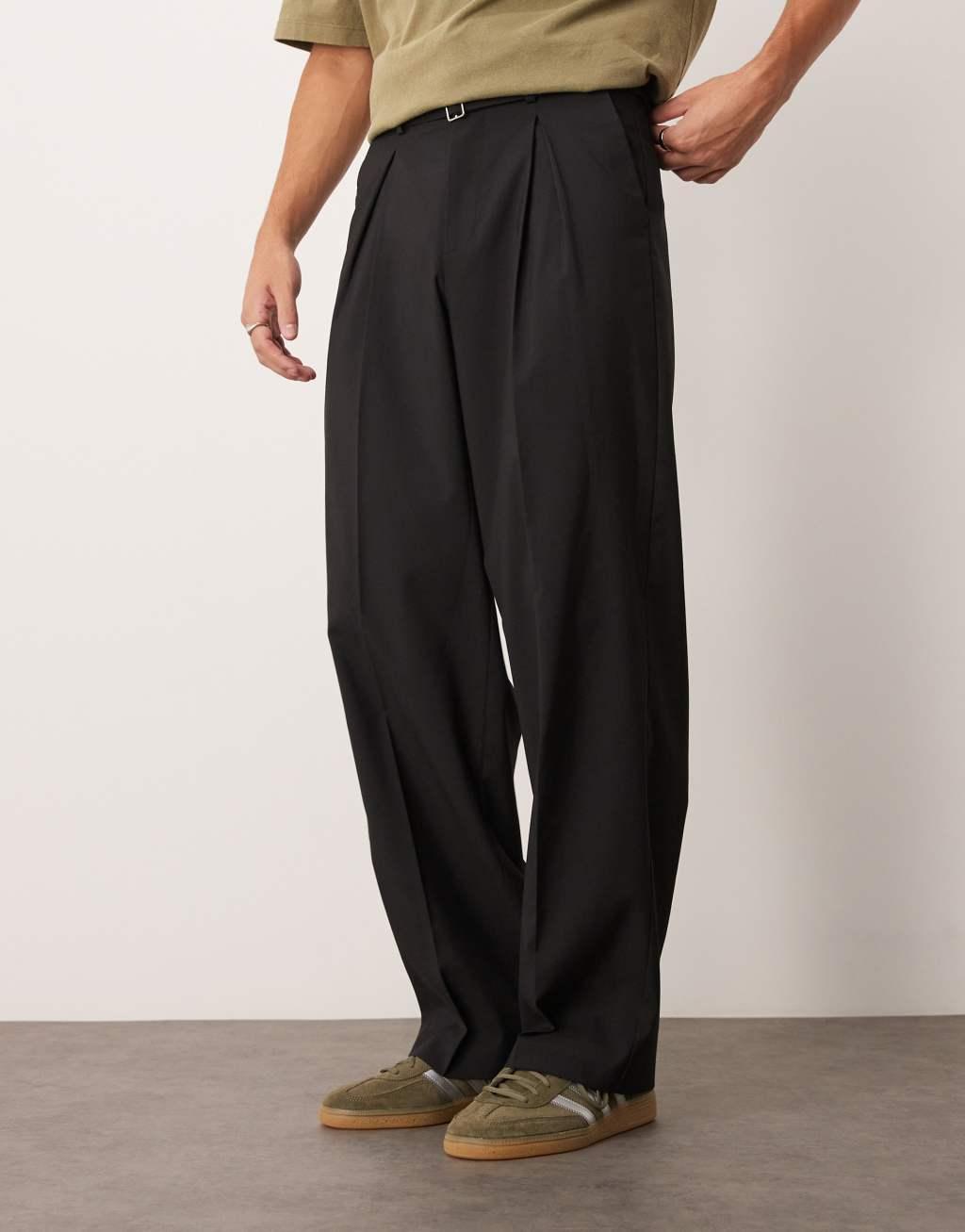 ASOS DESIGN smart wide leg pants with belt detail in black Product Image