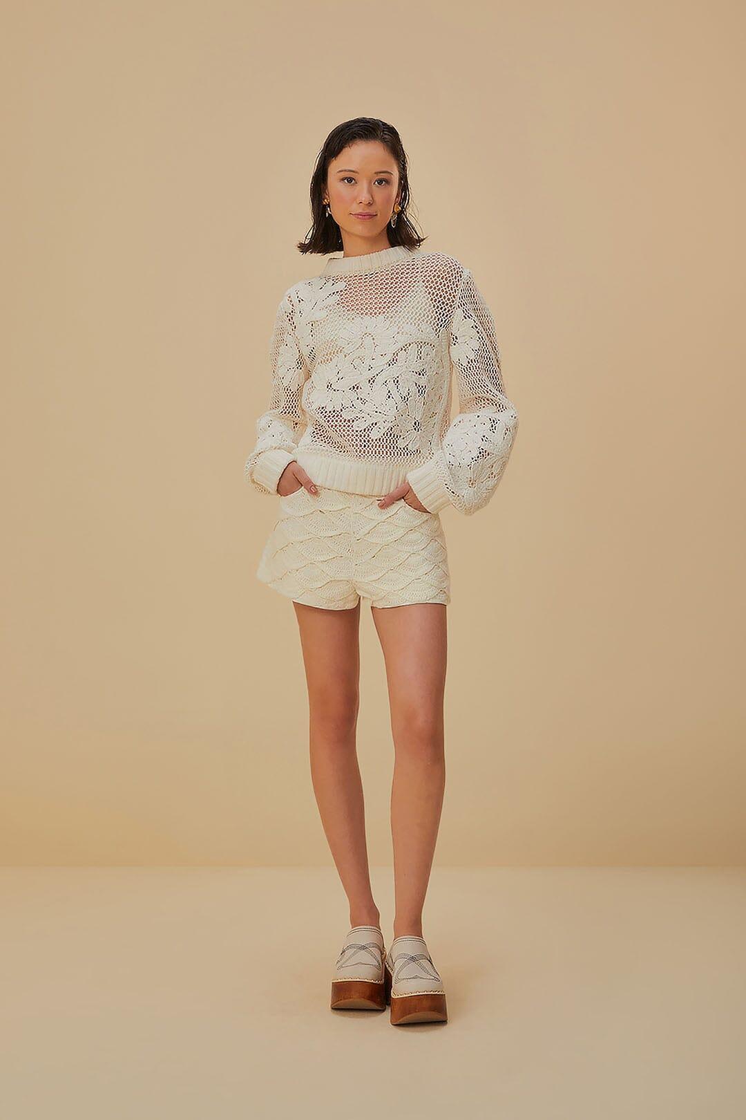 White Crochet Shorts, WHITE DENIM / 25 product image