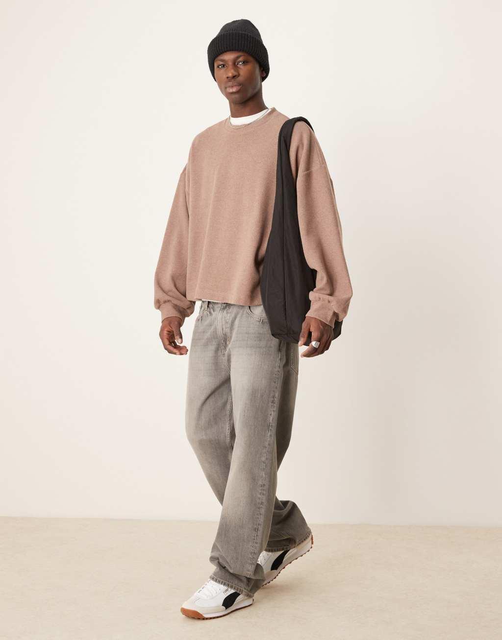 ASOS DESIGN extreme oversized boxy lightweight sweater in brushed rib in latte Product Image