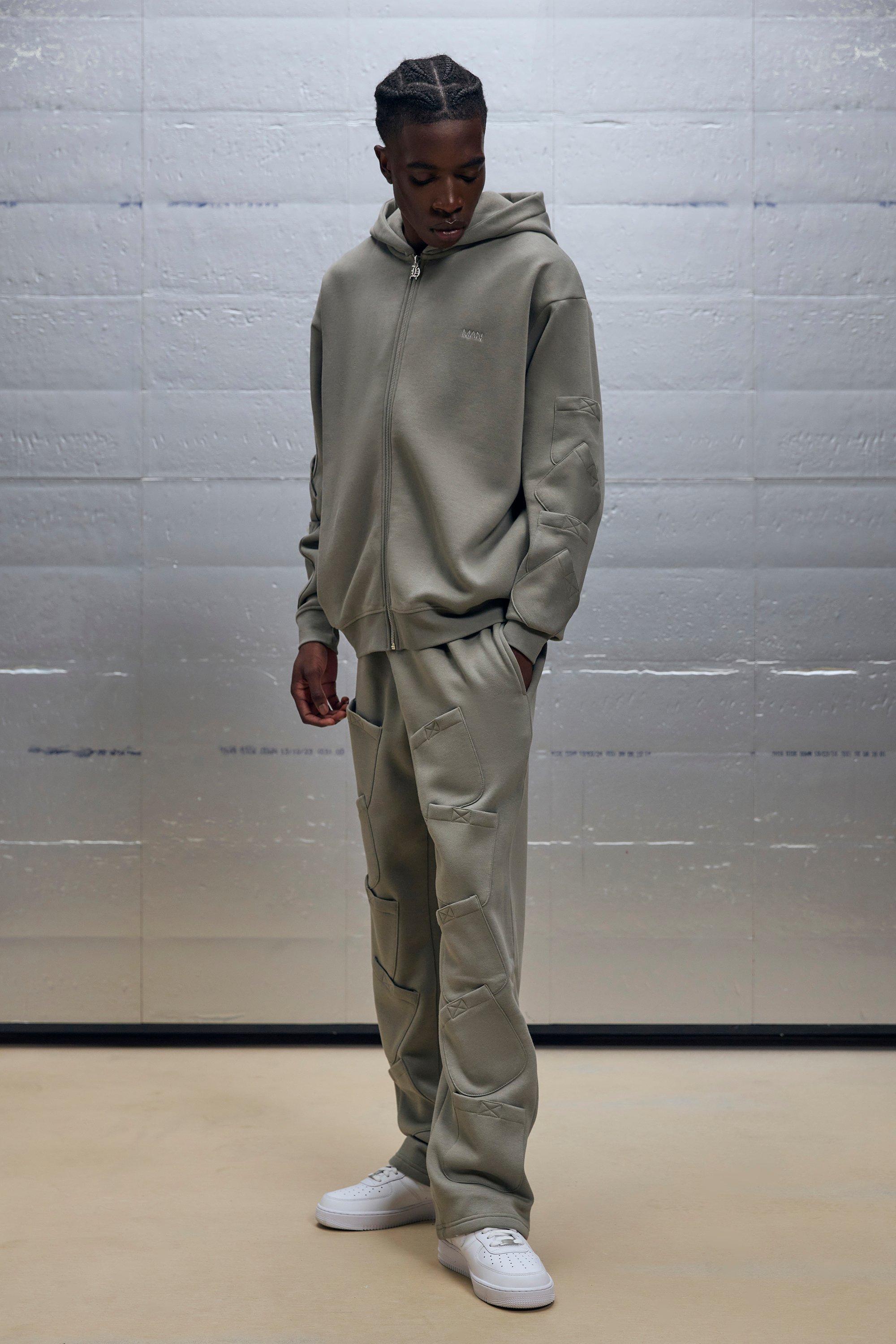 Oversized Boxy Zip Through Pocket Detail Hooded Tracksuit | boohooMAN USA Product Image