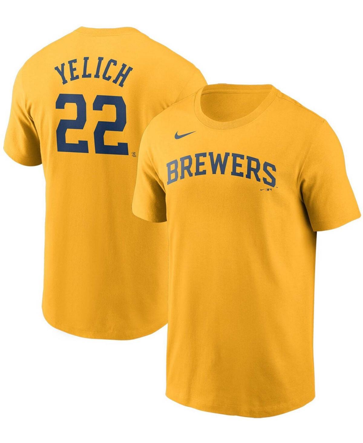 Mens Nike Christian Yelich Gold Milwaukee Brewers Name & Number T-Shirt Product Image