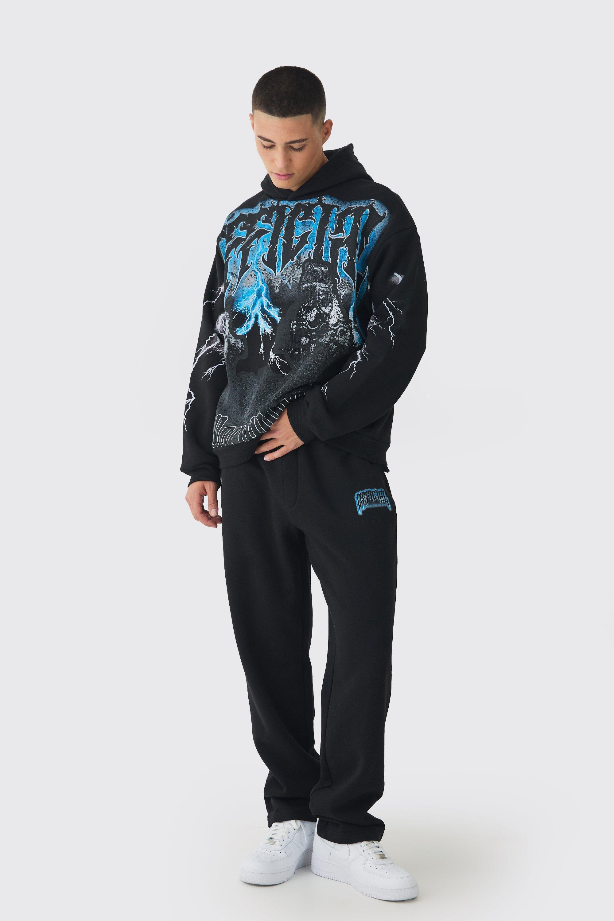 Oversized Official Gravestone Large Scale Graphic Hooded Tracksuit | boohooMAN USA Product Image