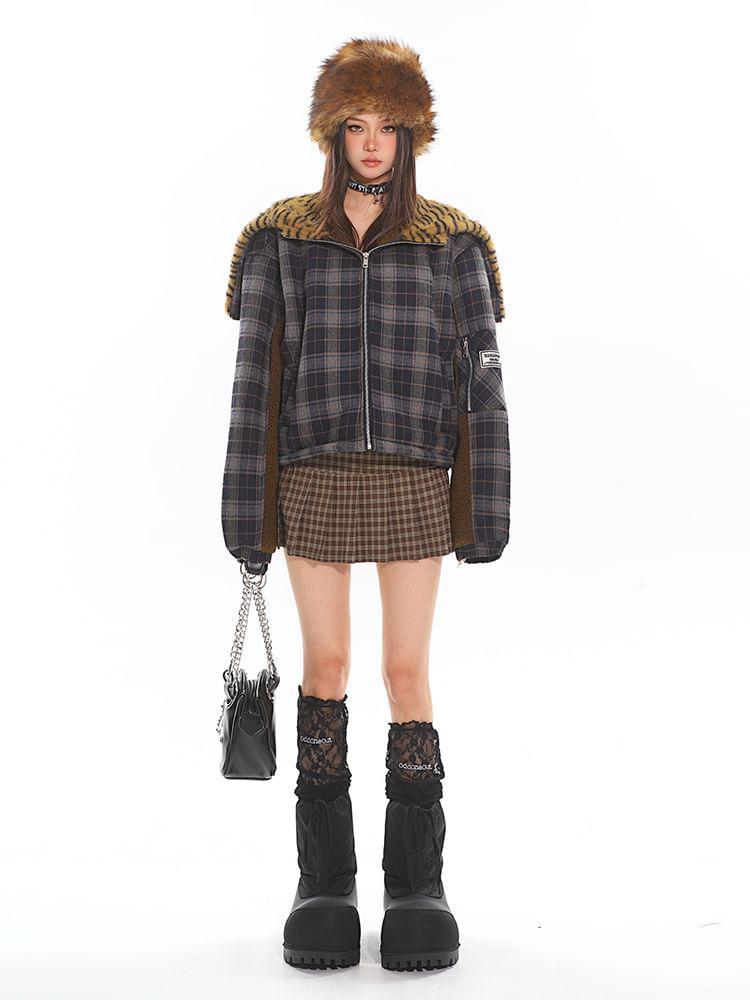 Collared Plaid Panel Fleece Zip Puffer Jacket Product Image