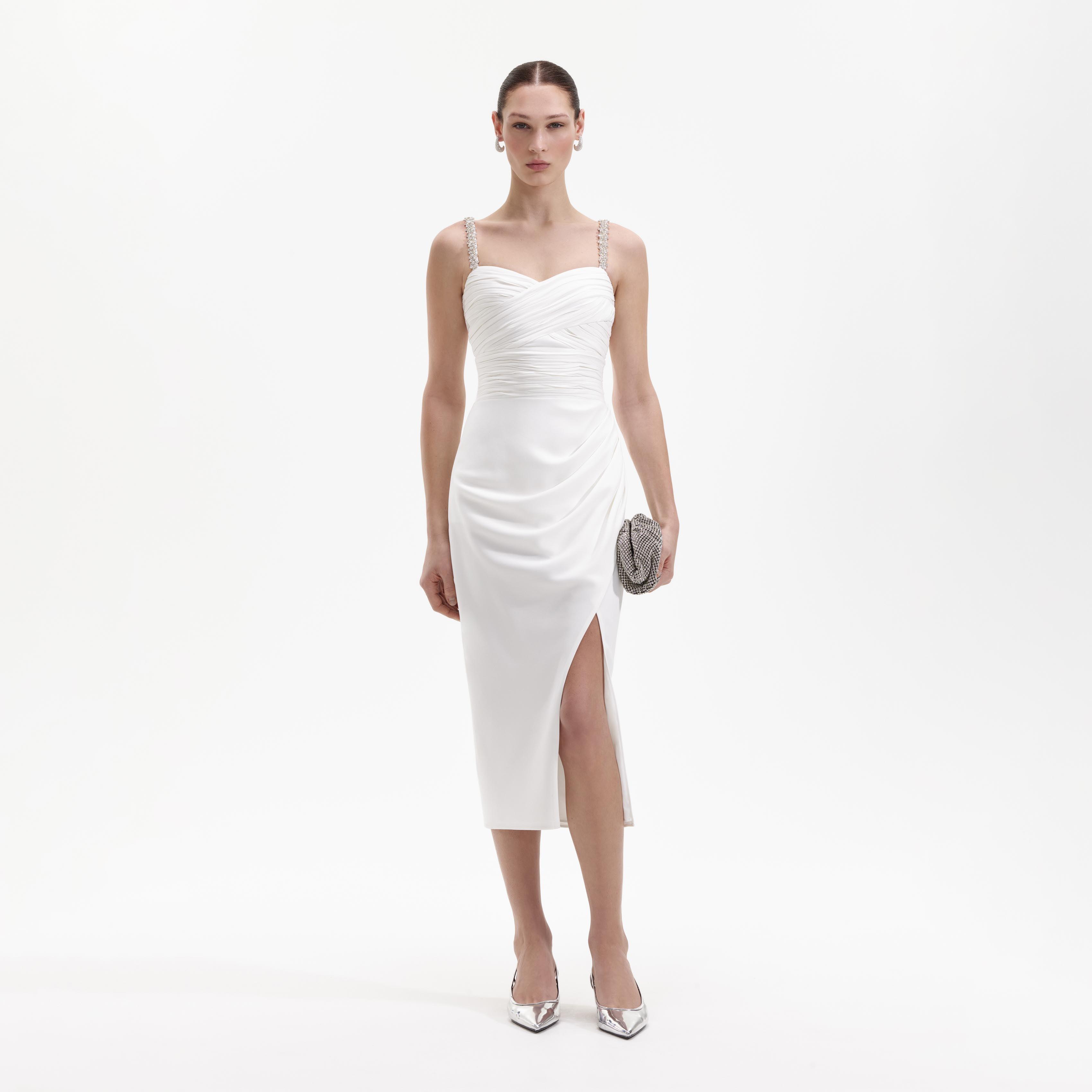 White Stretch Crepe Diamante Midi Dress Product Image