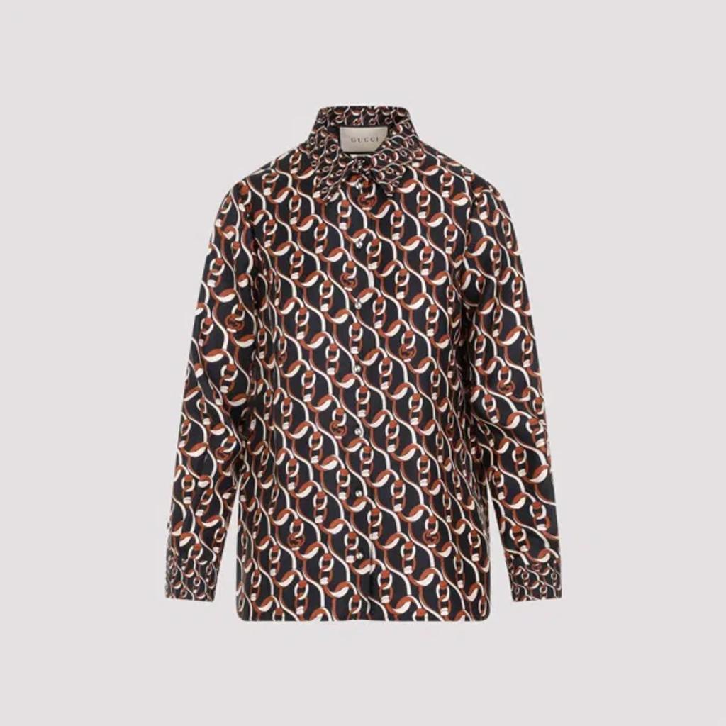 Interlocking G Chain Print Silk Shirt In Black Product Image