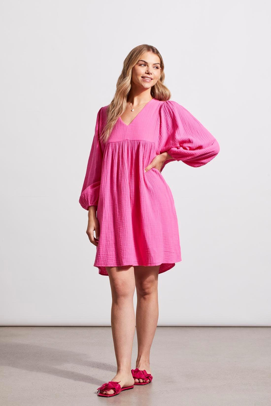 Cotton Gauze Puffy Sleeve Dress- Hi Pink Product Image