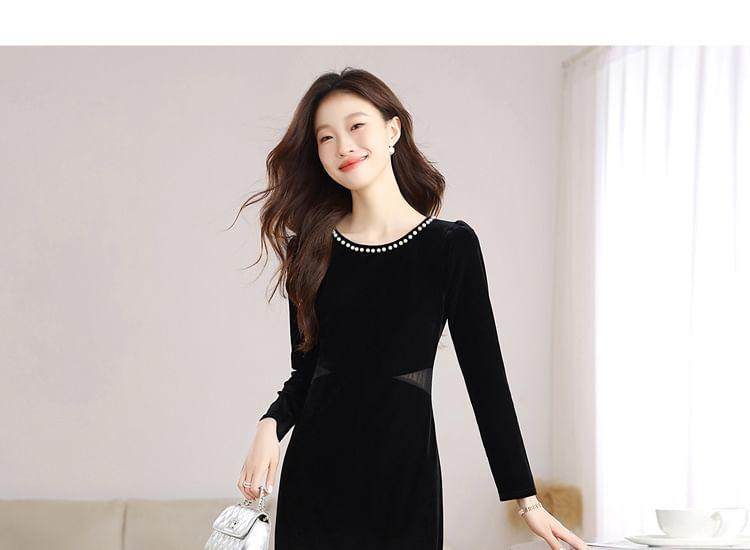 Long-Sleeve Crew Neck Mesh Panel Faux Pearl Accent Slit Velvet Midi Sheath Dress Product Image