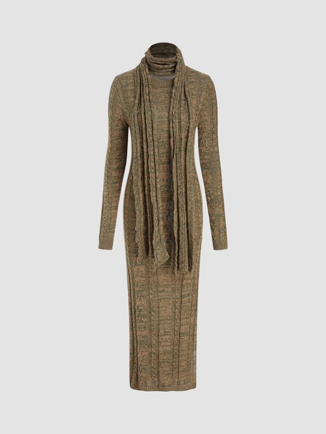 Cable Knit Long Sleeve Split Maxi Dress With Scarf Product Image