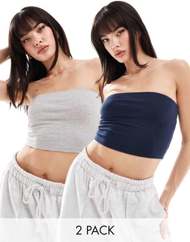 ASOS DESIGN ultimate cropped bandeau top 2 pack in heather gray and navy Product Image