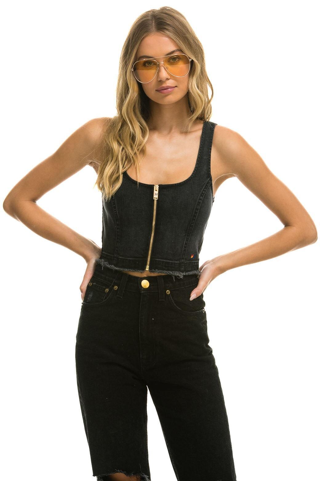 DENIM TOP ZIP FRONT BUSTIER - VINTAGE BLACK Female Product Image