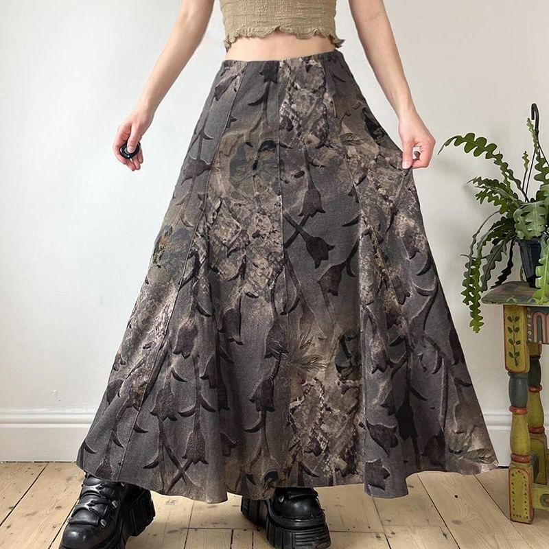 High Waist Floral Print Maxi A-Line Skirt Product Image