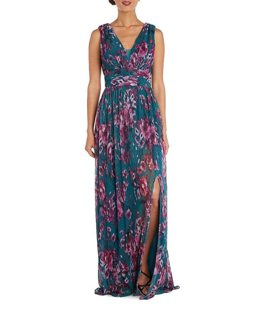 R & M Richards Lurex Mesh Sleeveless V-Neck Floral Side Slit Maxi Tulle A-Line Dress Product Image