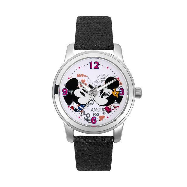 Disneys Mickey & Minnie Mouse Womens Crystal Leather Watch Black Product Image