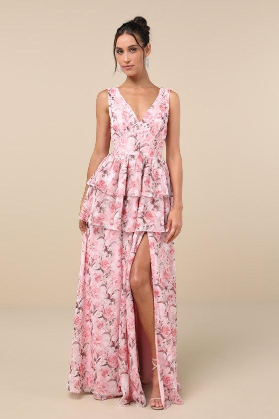 Graceful Approach Blush Pink Floral Jacquard Tiered Maxi Dress Product Image