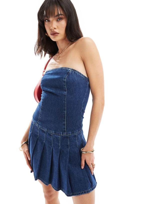 ASOS DESIGN denim pleated dress in mid blue Product Image