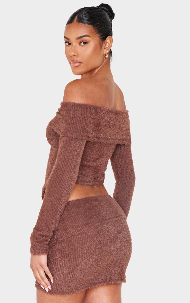 Chocolate Fluffy Asymmetric Fold Over Bardot Top Product Image