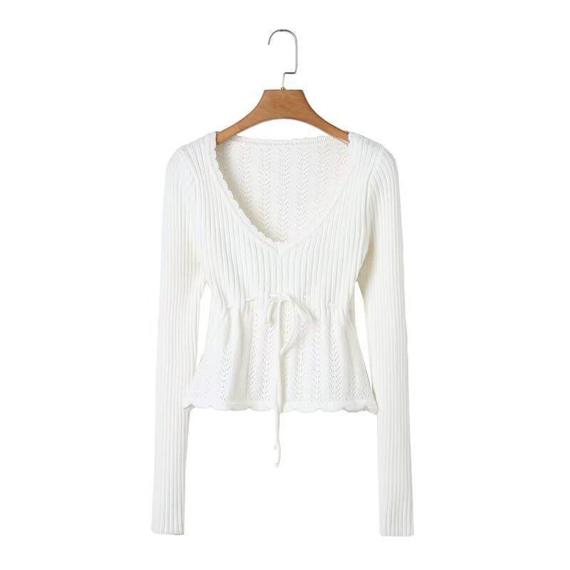 Long-Sleeve V-Neck Plain Drawstring Perforated Crop Knit Top Product Image