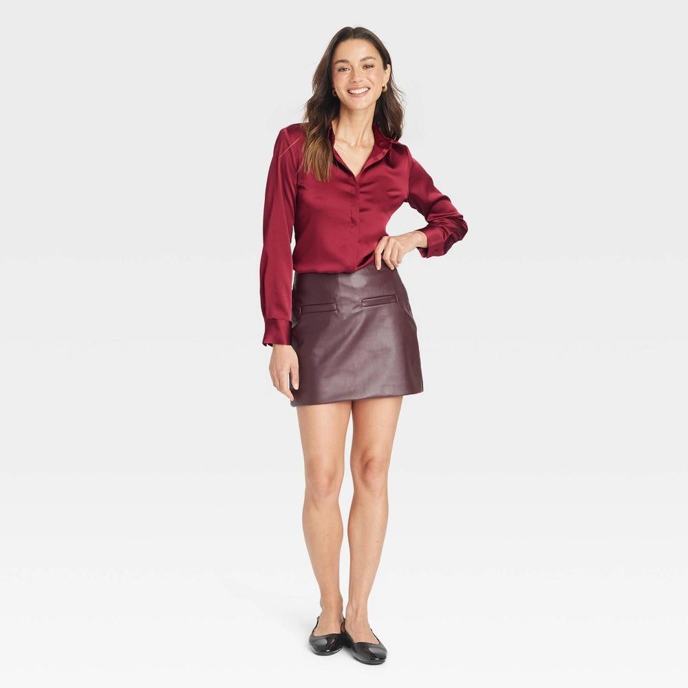 Women's Long Sleeve Satin Button-Down Shirt - A New Day™ Burgundy S Product Image