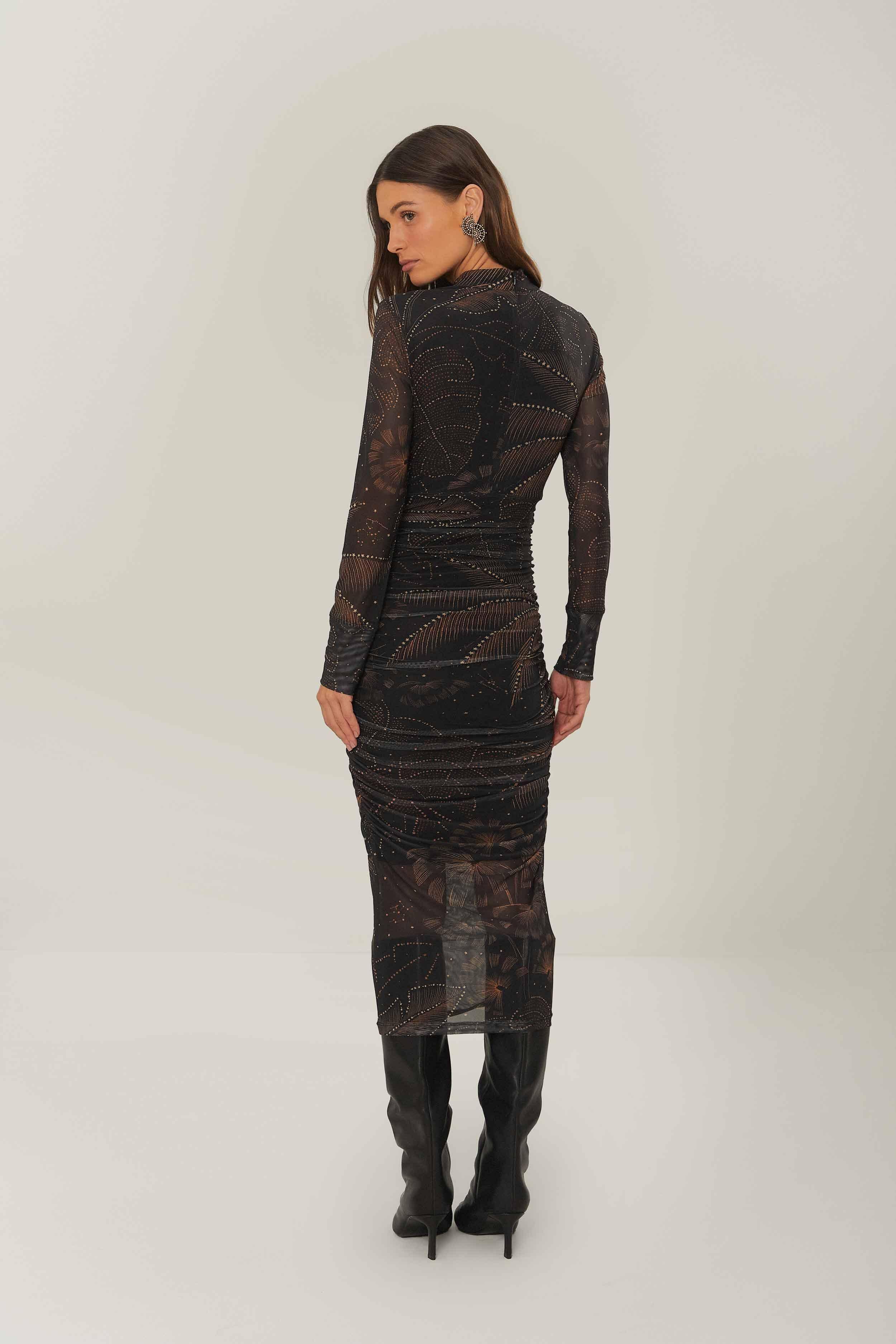 Black Golden Foliage Tulle Midi Dress, GOLDEN FOLIAGE BLACK / XS Product Image