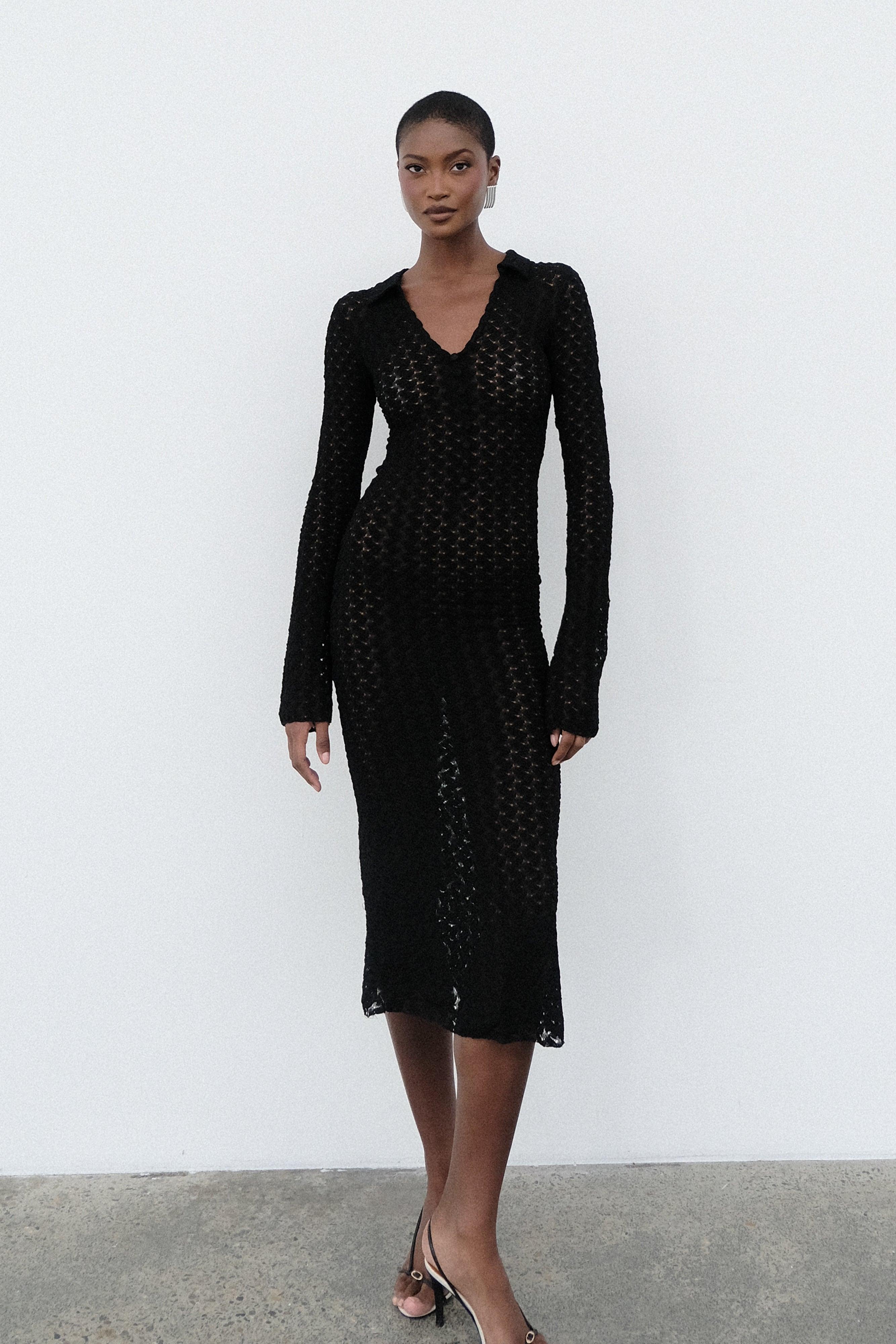 Dionne Lace Long Sleeve Midi Dress - Black Product Image