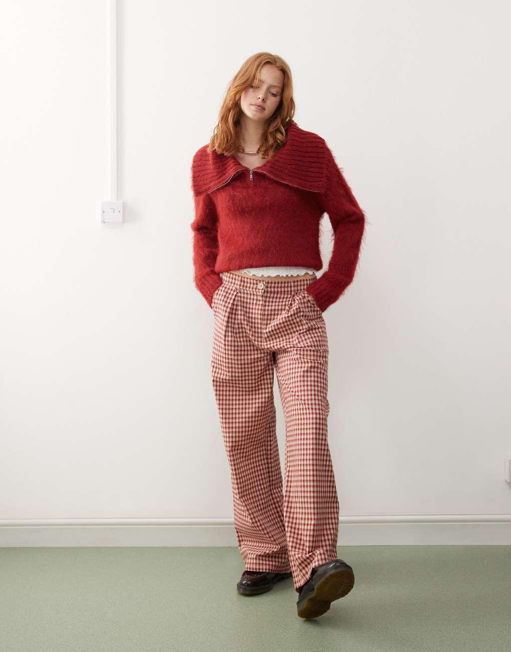 Reclaimed Vintage wide leg tailored pants in red plaid Product Image