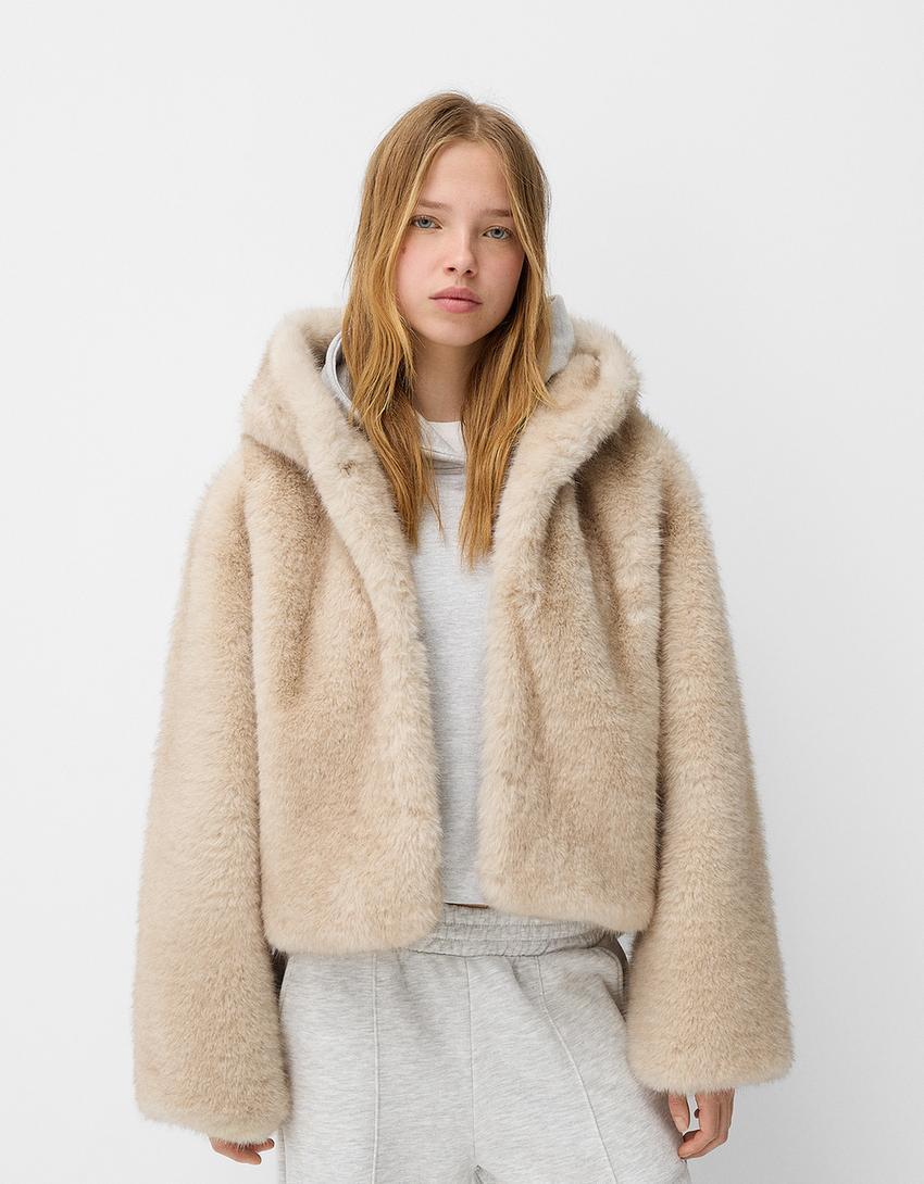 Faux fur jacket with hood Product Image