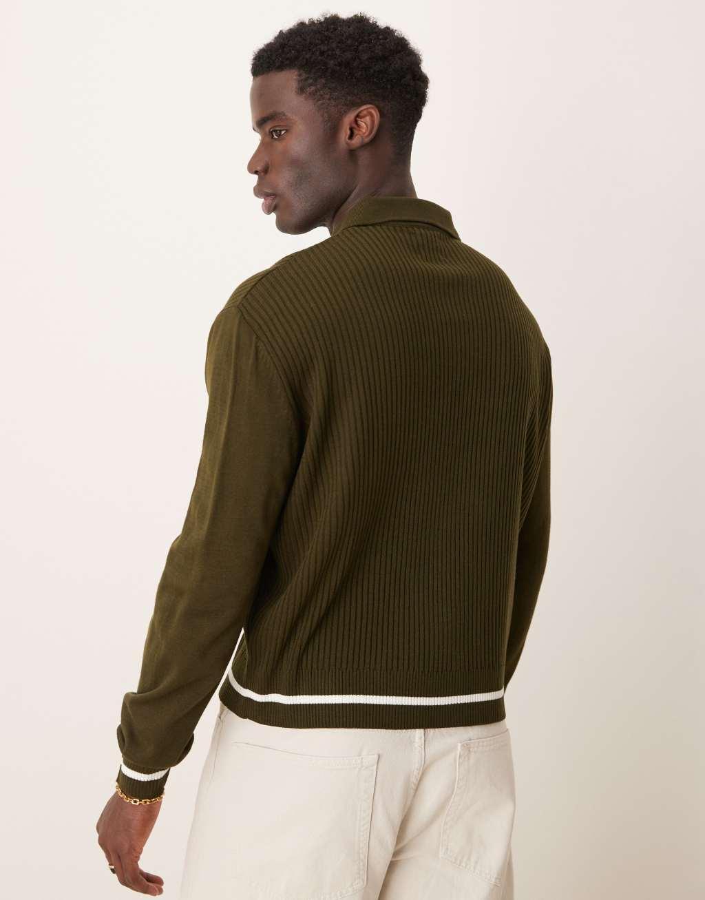 ASOS DESIGN oversized fit ribbed knit collar cardigan in khaki Product Image