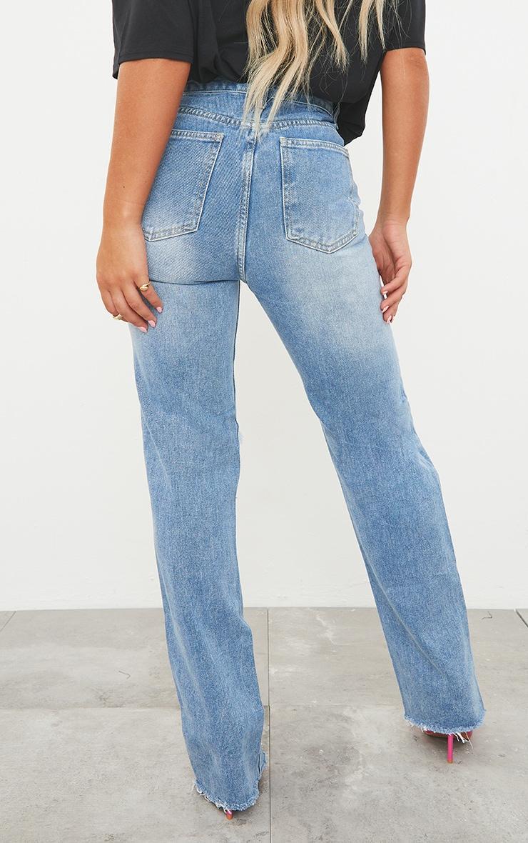 PRETTYLITTLETHING Mid Blue Wash Ripped Long Leg Straight Jeans Product Image