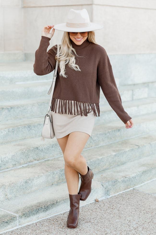 Missed Opportunity Brown Fringe Hem Turtleneck Sweater FINAL SALE Product Image