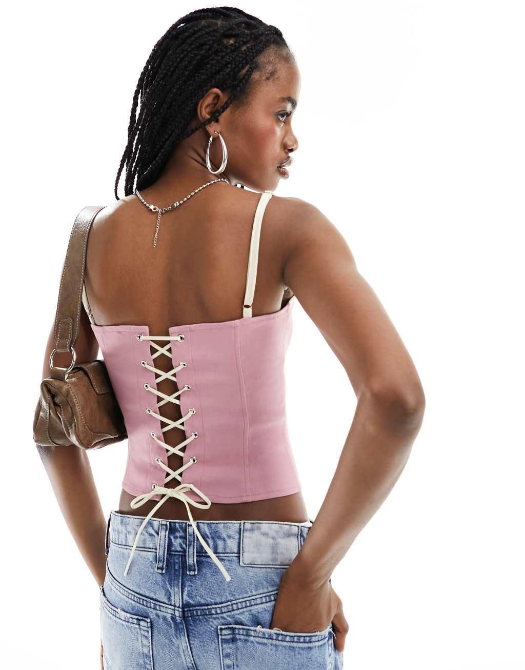 Motel bow detail panelled corset cami top in dusky pink Product Image