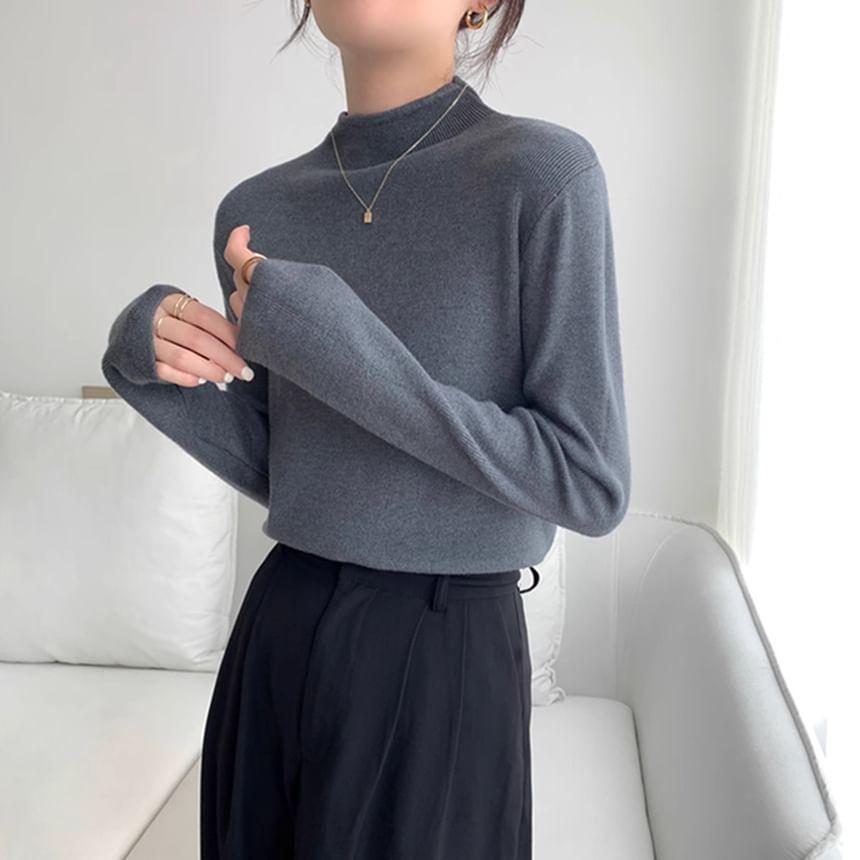 Long Sleeve Mock Neck Plain Knit Top Product Image