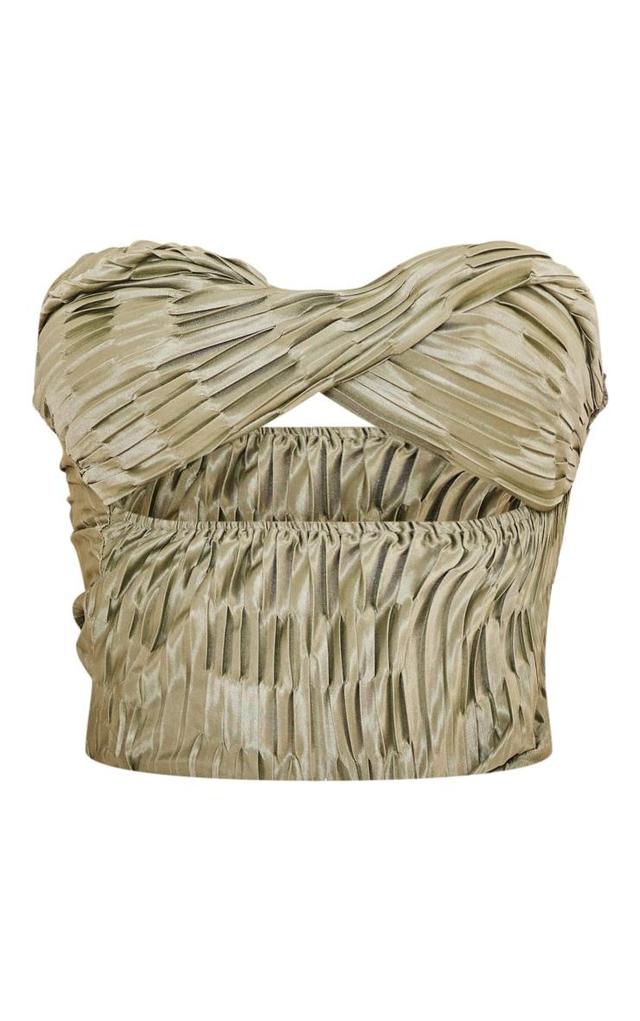 Tall Olive Satin Textured Bandeau Crop Top Product Image