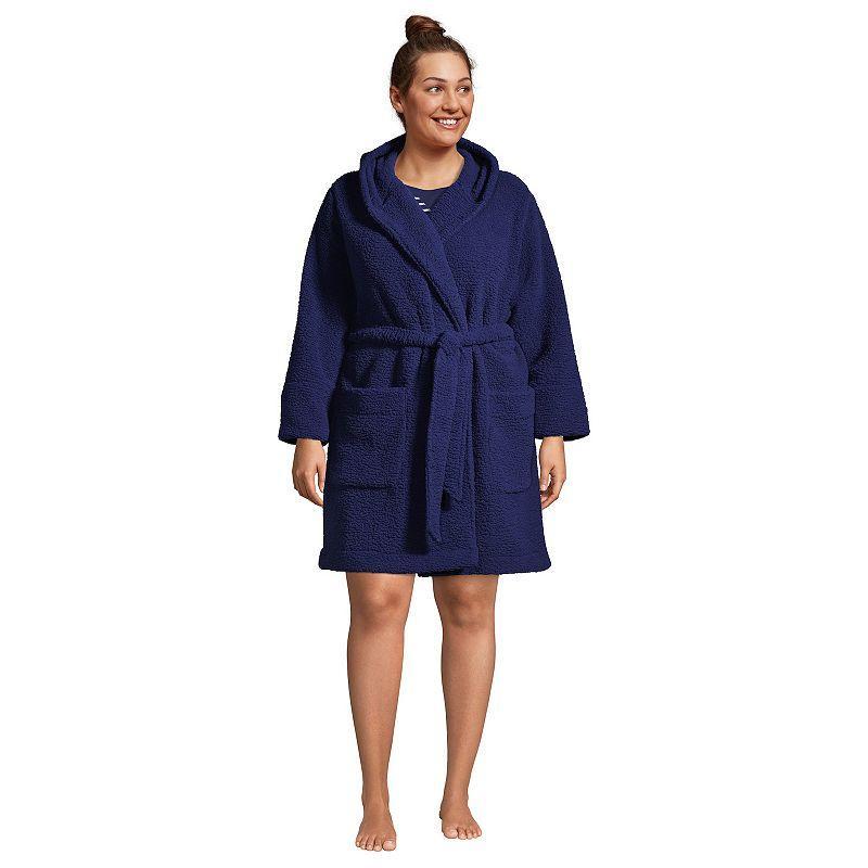 Plus Size Lands End Sherpa Fleece Hooded Robe, Womens Deep Blue Product Image