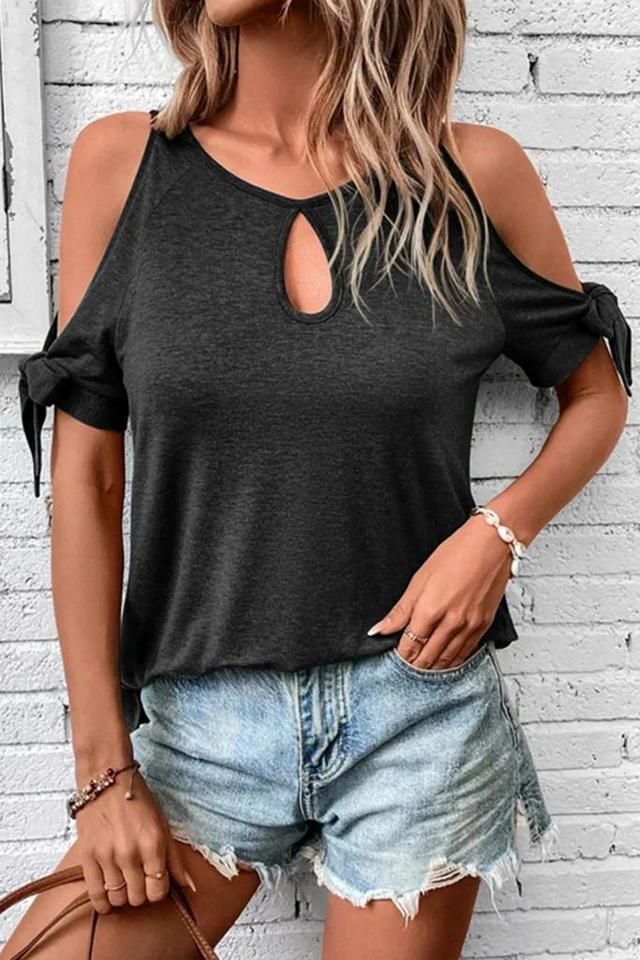 Olivia Mark – Cold Shoulder Sleeve Keyhole Front T-Shirt with Knotted Detail Product Image