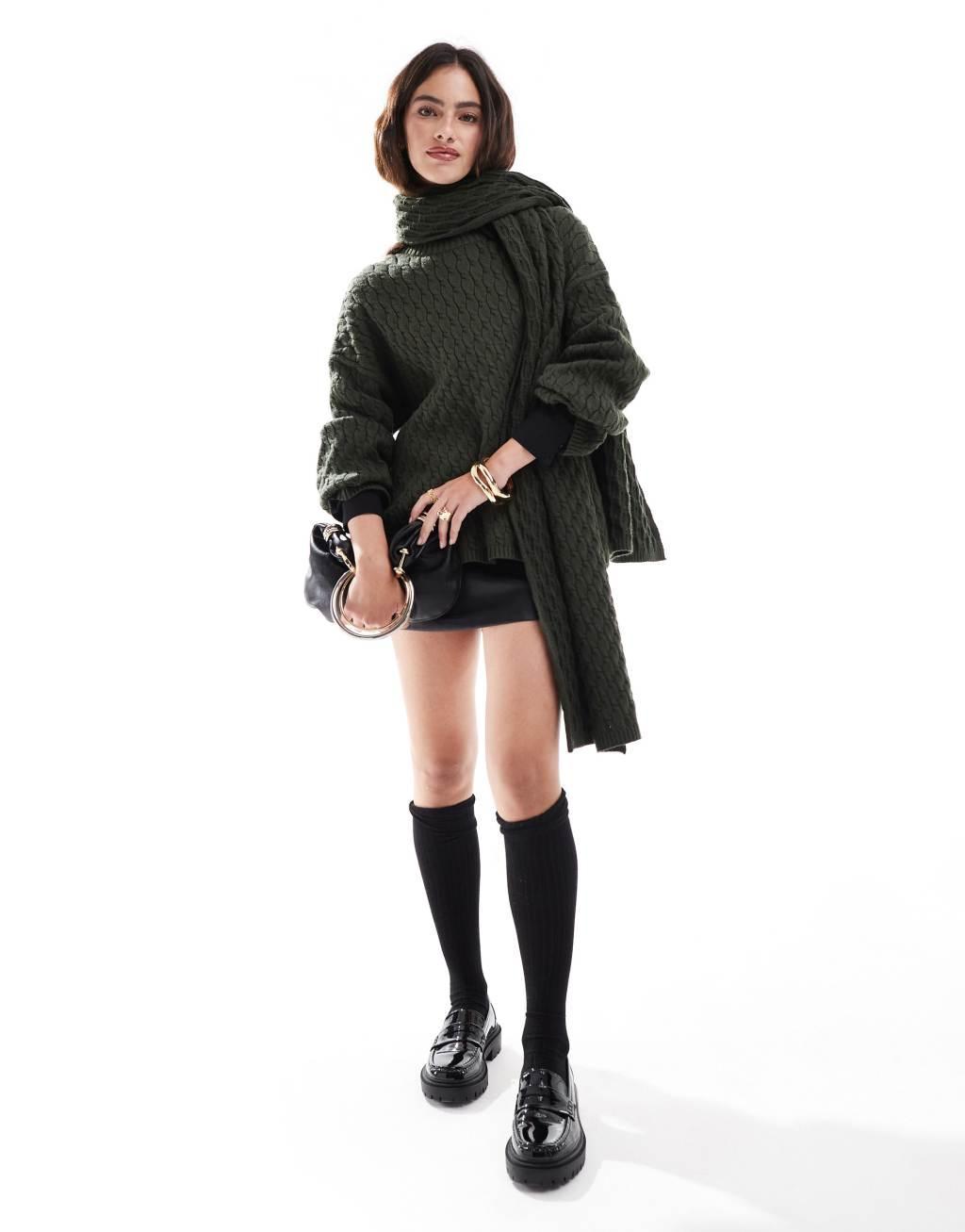 4th & Reckless cable knit sweater with scarf in khaki Product Image