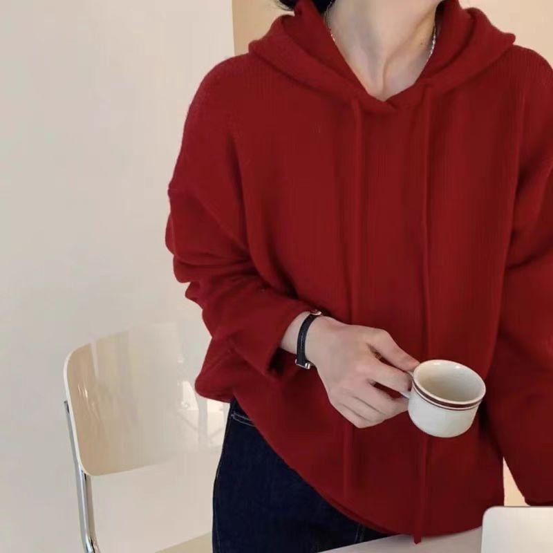 Long-Sleeve Plain Hooded Sweater Product Image