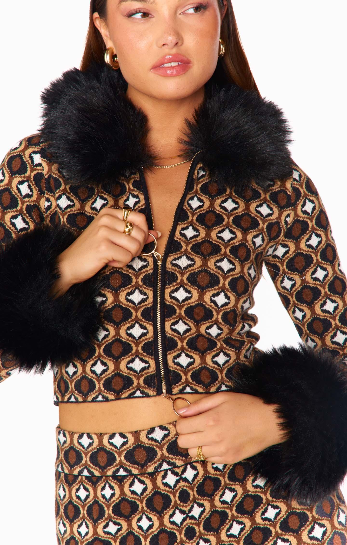 Zermatt Zip Up ~ Neutral Geo Jacquard Faux Fur Product Image