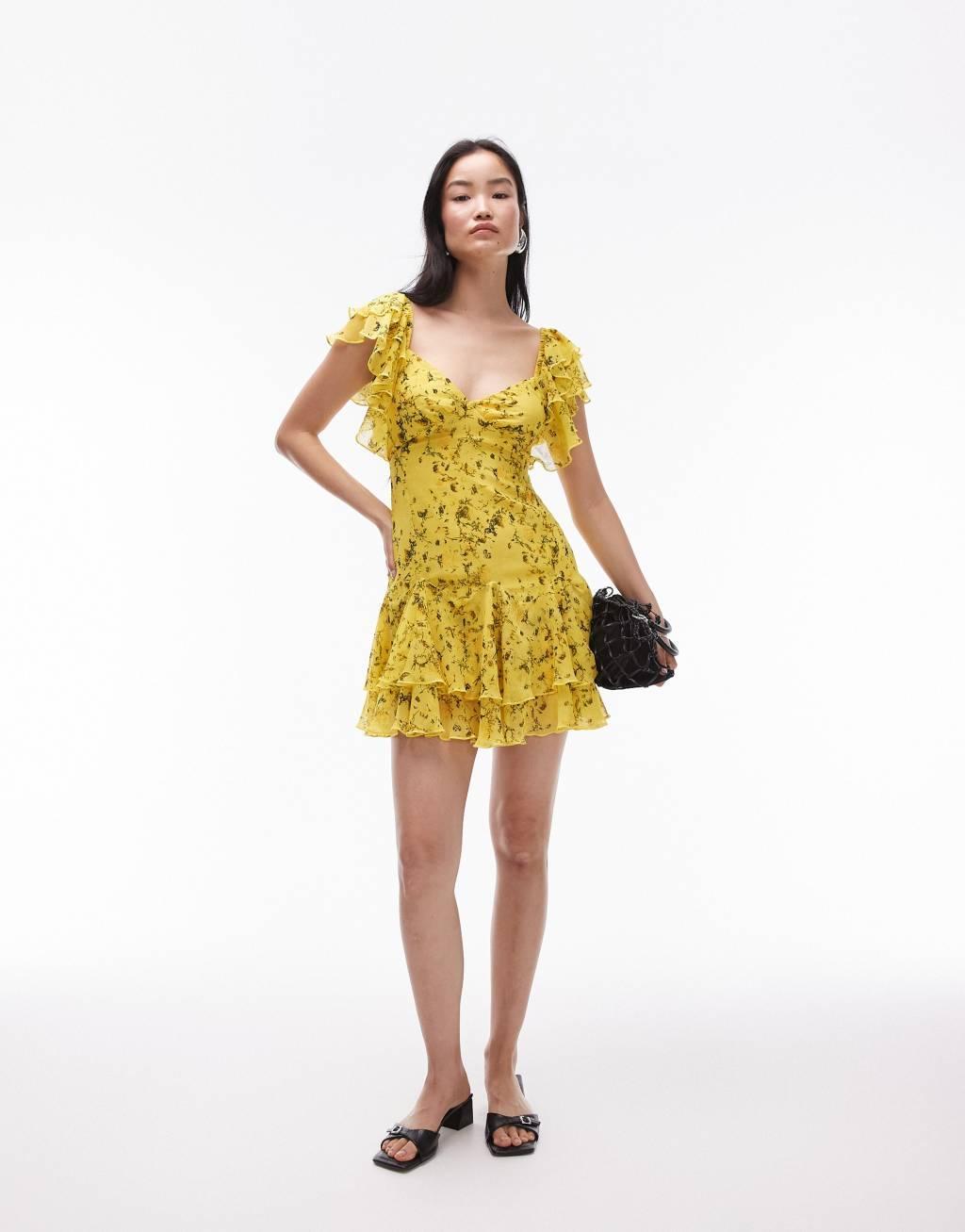 Topshop flutter sleeve mini tea dress in bright yellow print Product Image