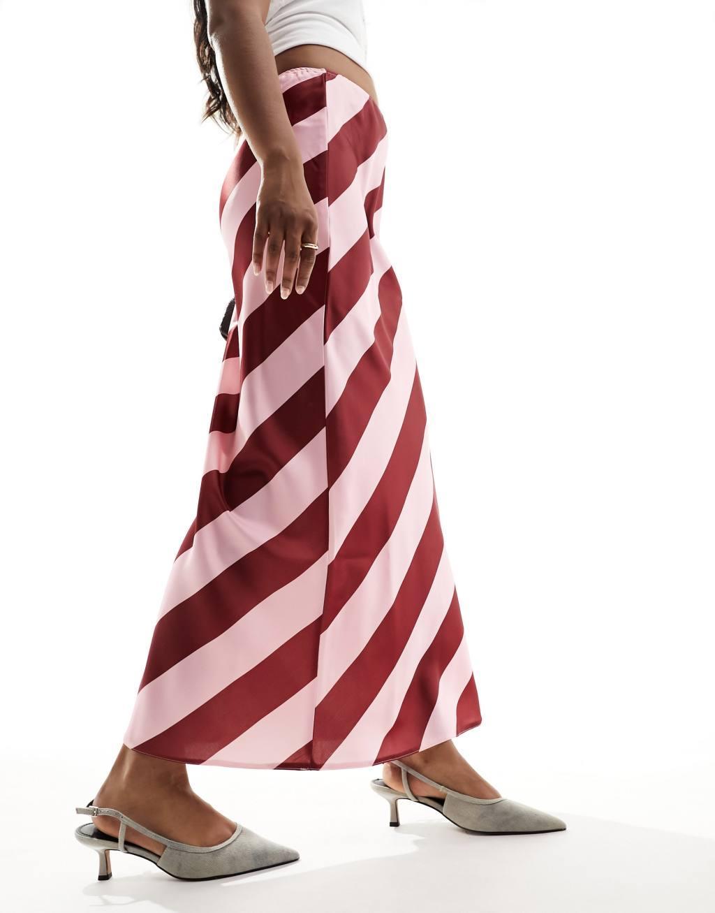 ASOS DESIGN satin bias maxi skirt in pink and burgundy stripe Product Image