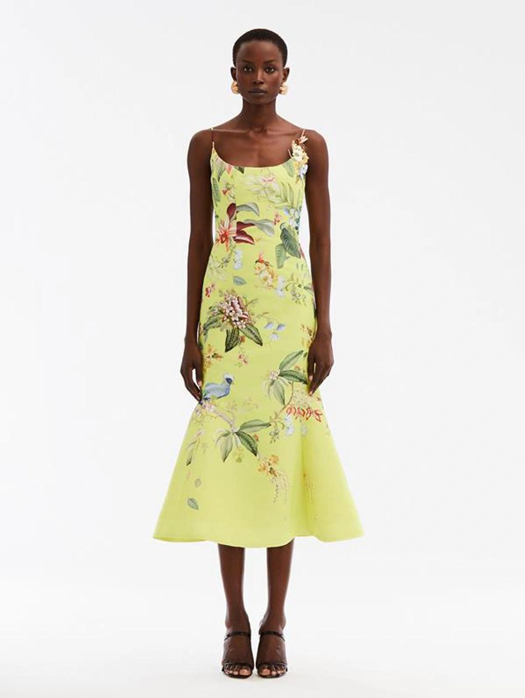 Women's Floral & Fauna Fluted Midi-dress In Neon Yellow Product Image