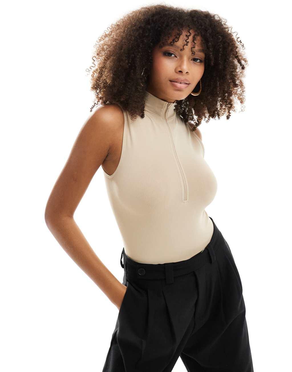 ASOS DESIGN seamless sculpting half zip sleeveless bodysuit in pebble Product Image