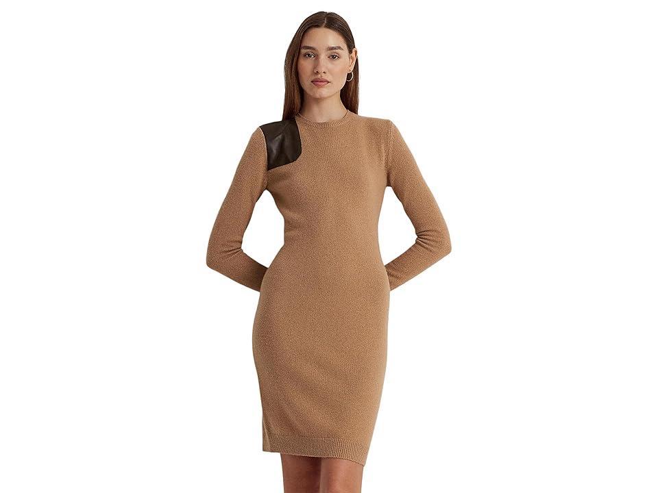 Lauren Ralph Lauren Faux-Leather-Trim Wool-Cashmere Dress (Classic Camel) Women's Dress Product Image