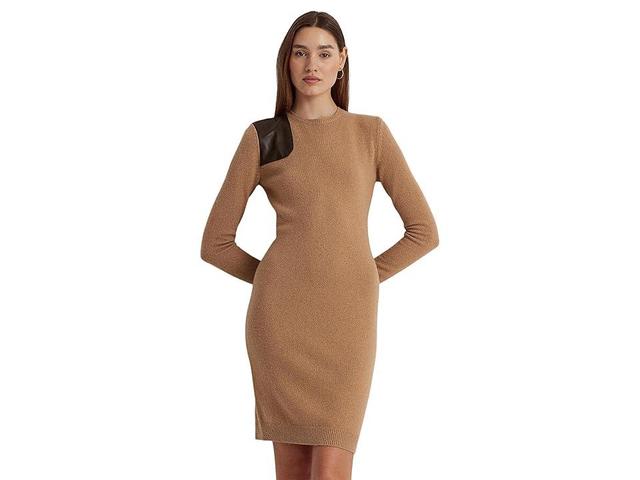 LAUREN Ralph Lauren Petite Faux Leather Trim Wool Cashmere Dress (Classic Camel) Women's Sweater Product Image