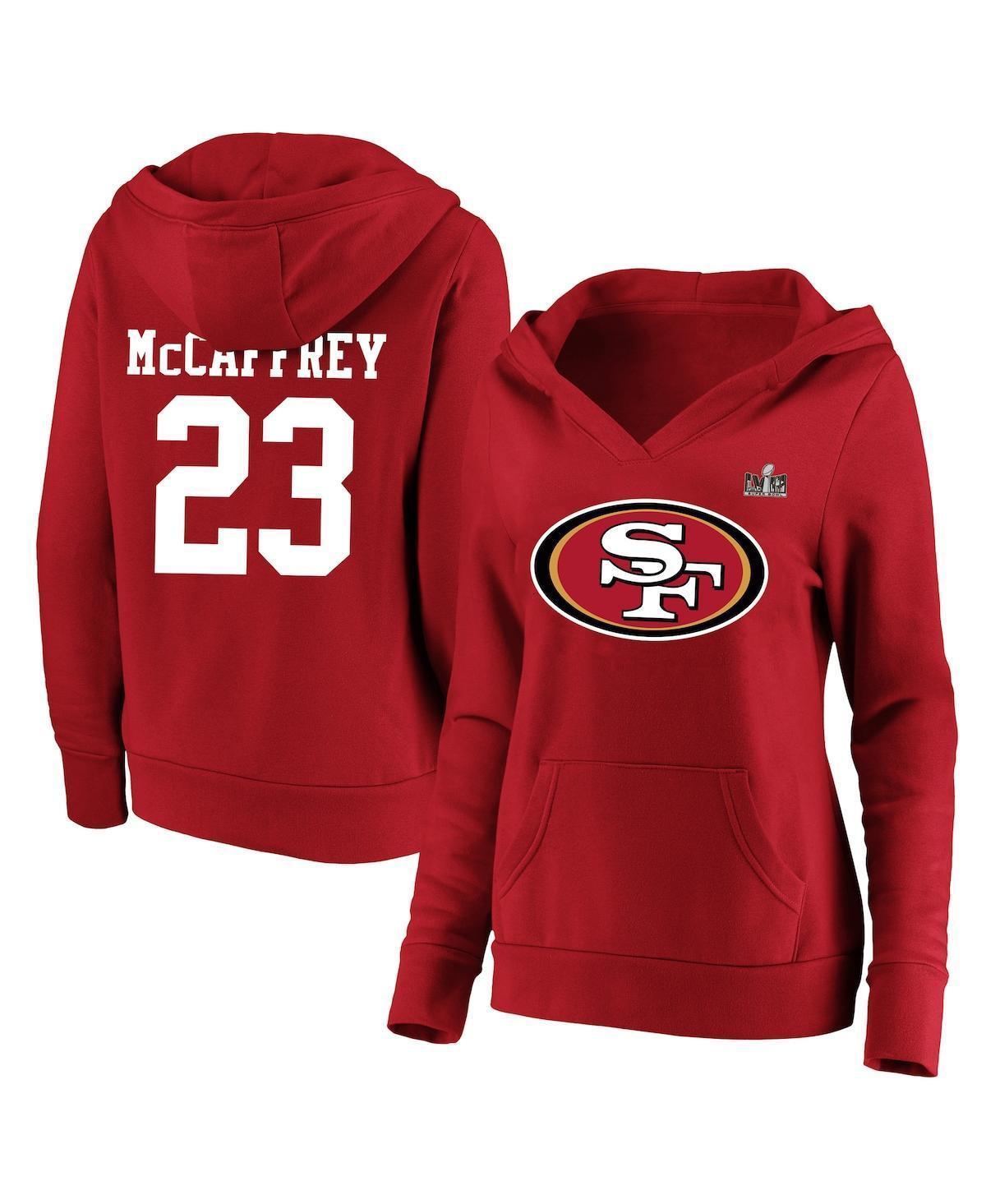 Womens Fanatics Branded Christian McCaffrey Scarlet San Francisco 49ers Super Bowl LVIII Plus Size Player Name & Number V-Neck Fleece Pullover Hoodie Product Image