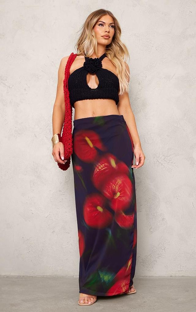 Red Abstract Flower Print Mesh Maxi Skirt Product Image