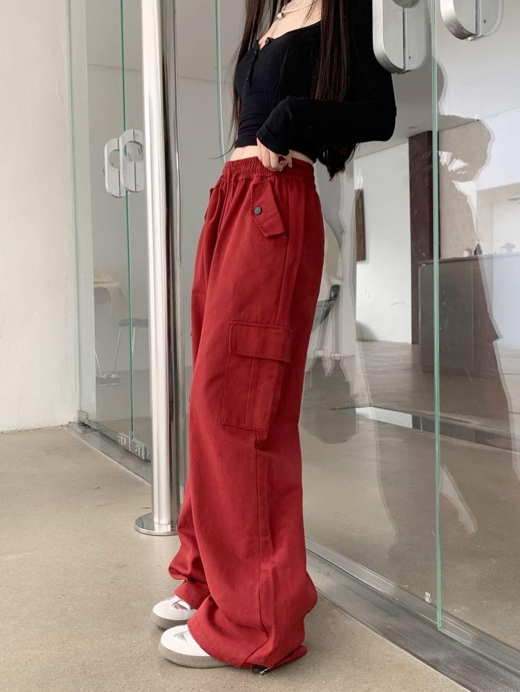 Drawstring Waist Plain Wide Leg Cargo Pants Product Image