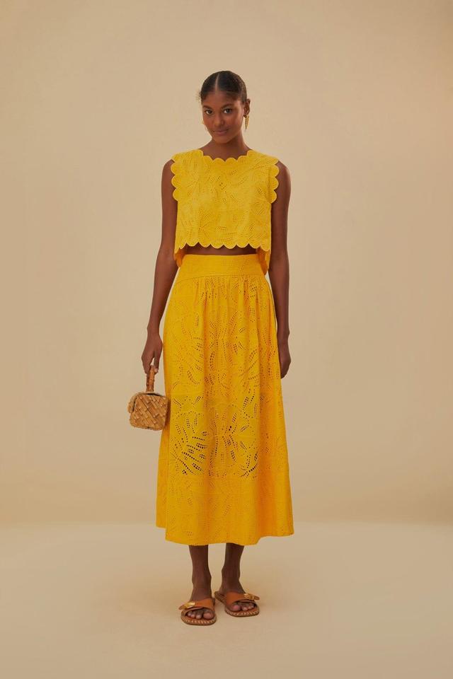 Yellow Monstera Eyelet Maxi Skirt, YELLOW / XL Product Image