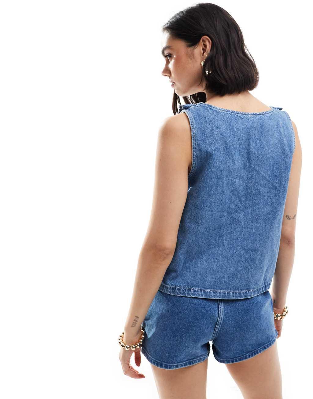 ASOS DESIGN denim frill front top in mid blue Product Image