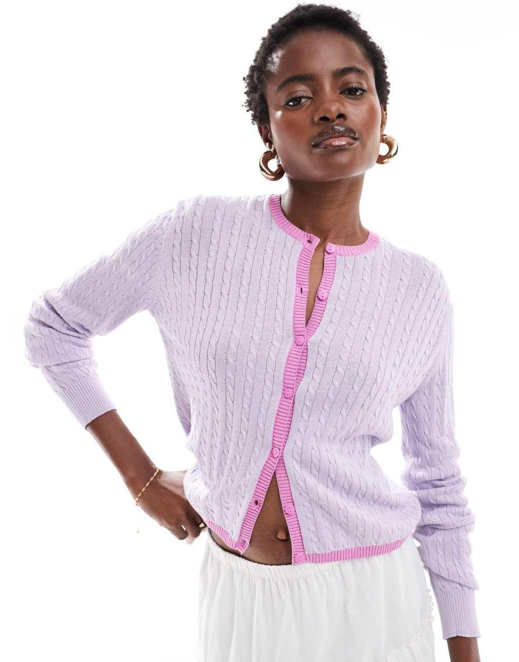 Monki button front cardigan in lilac with pink contrast trim Product Image