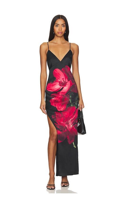 ALICE AND OLIVIA Monika Cut Away Cami Maxi Dress With Scarf In Peony Petals Bright Ruby Product Image